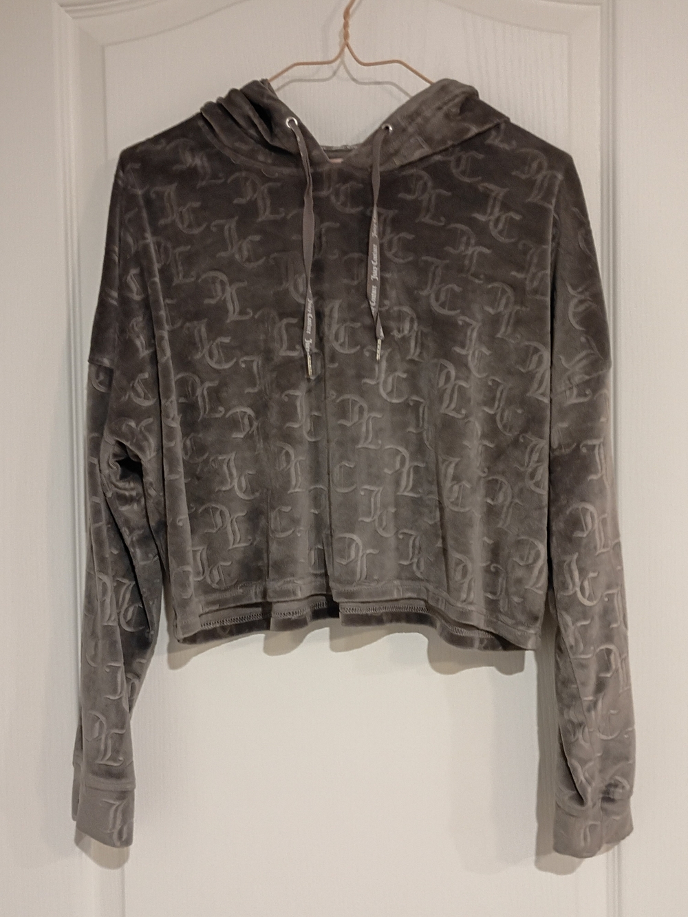 Juicy Couture Tonal Monogram Velour Cropped Hoodie - Gray